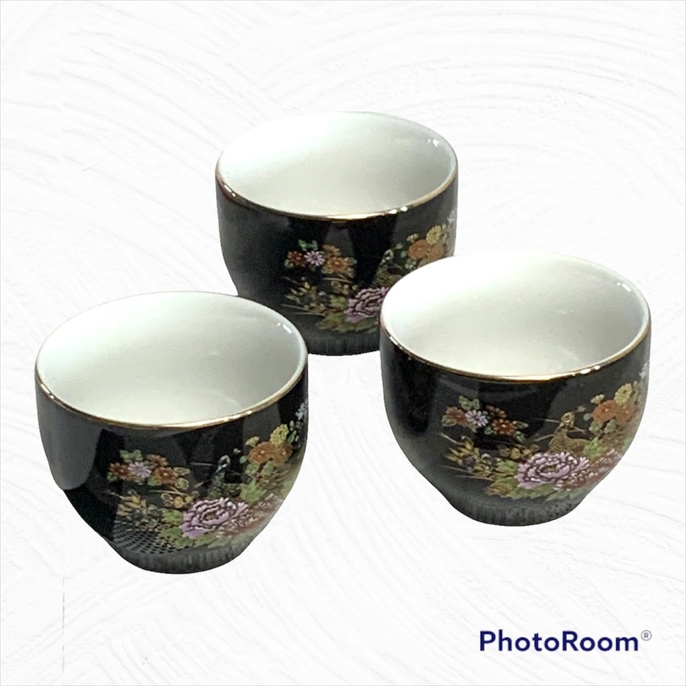3 Vintage MCI Porcelain Floral Peacocks Sake/Teacups w Gold Rims